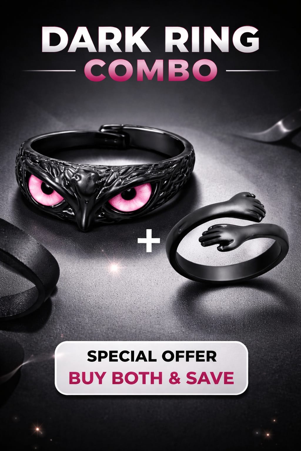 Black Owl Eye Ring Combo | Gothic Adjustable Finger Ring for Men & Women | Dark Style Statement Ring Set - VAYNORA JEWELS