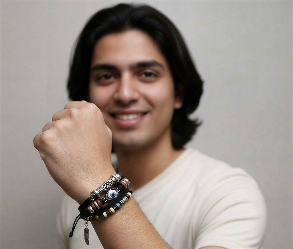 Evil Eye Wrist Band for Men & Kids – Handcrafted Black Leather & Bead Bracelet