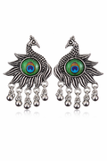 Vintage Oxidized Silver Full Peacock Drop Earrings – Handcrafted Ethnic Enamel Jewelry with Silver Beads - VAYNORA JEWELS