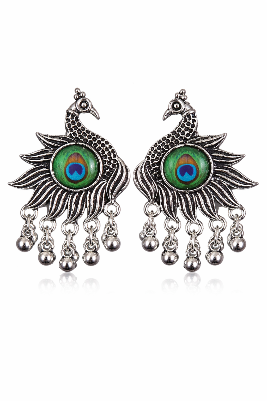 Vintage Oxidized Silver Full Peacock Drop Earrings – Handcrafted Ethnic Enamel Jewelry with Silver Beads - VAYNORA JEWELS