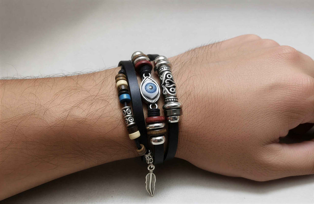 Evil Eye Wrist Band for Men & Kids – Handcrafted Black Leather & Bead Bracelet
