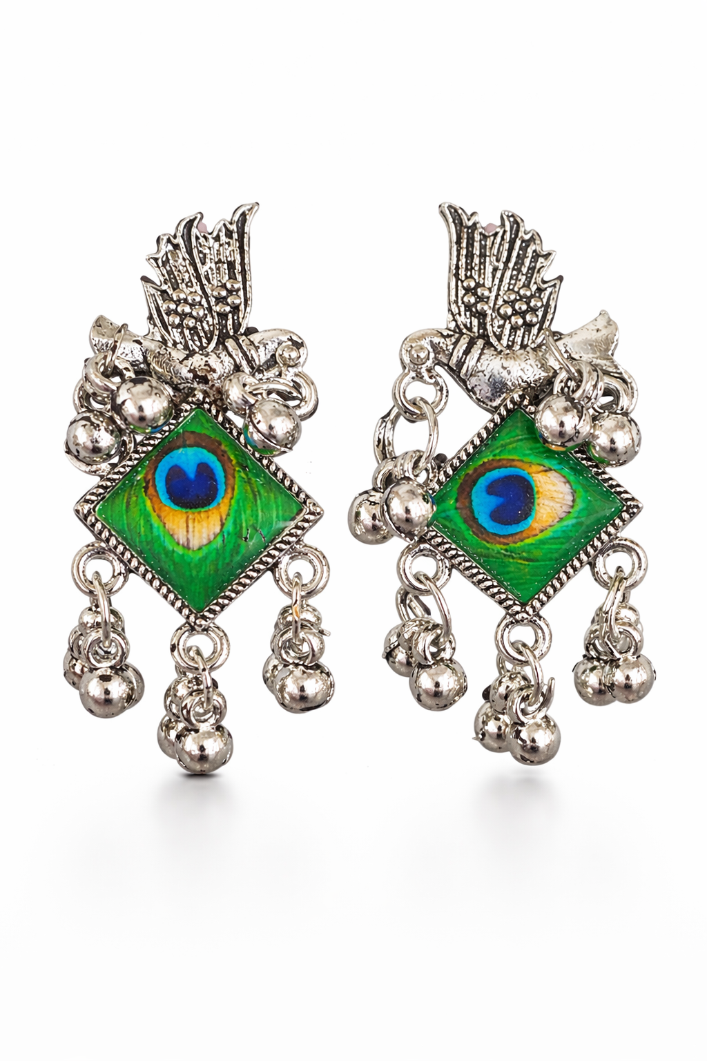 Oxidized Silver Full Peacock Statement Earrings – Traditional Indian Bird Motif Dangle Earrings with Green Enamel Eye - VAYNORA JEWELS