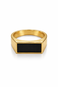 Vaynora Jewels men's stainless steel signet ring with black onyx rectangle design, 18K gold plated, waterproof finger ring.