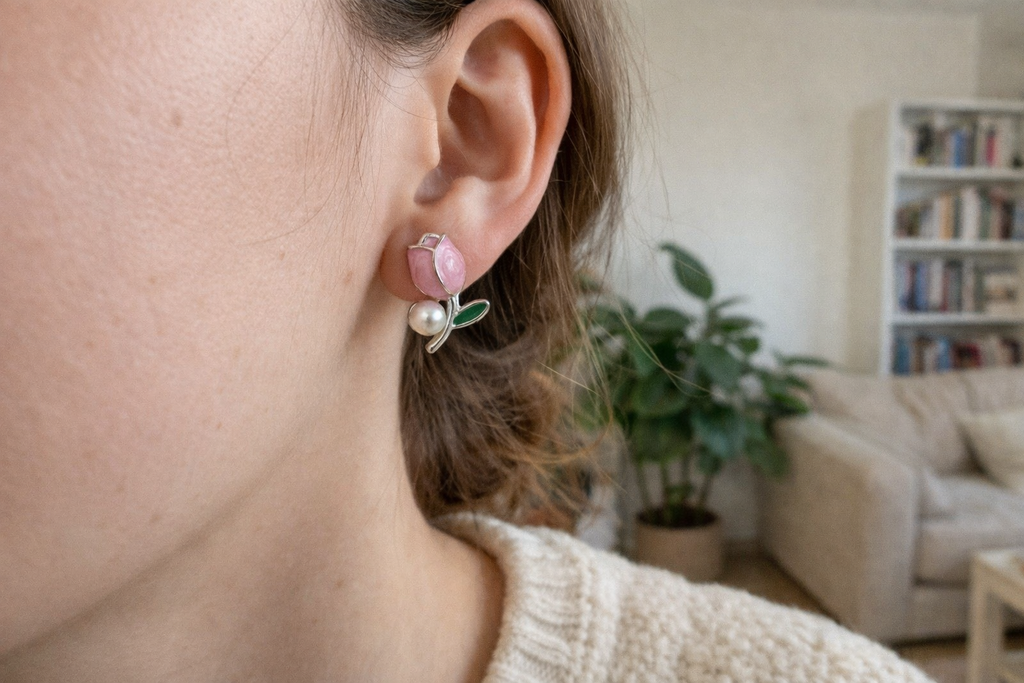 Pink Tulip Enamel & Faux Pearl Stud Earrings - VAYNORA JEWELS