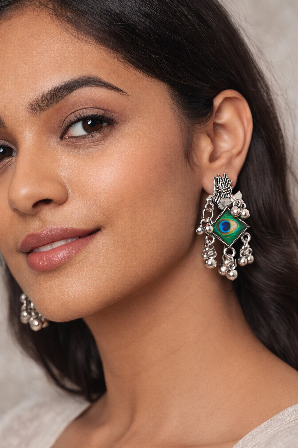 Oxidized Silver Full Peacock Statement Earrings – Traditional Indian Bird Motif Dangle Earrings with Green Enamel Eye - VAYNORA JEWELS