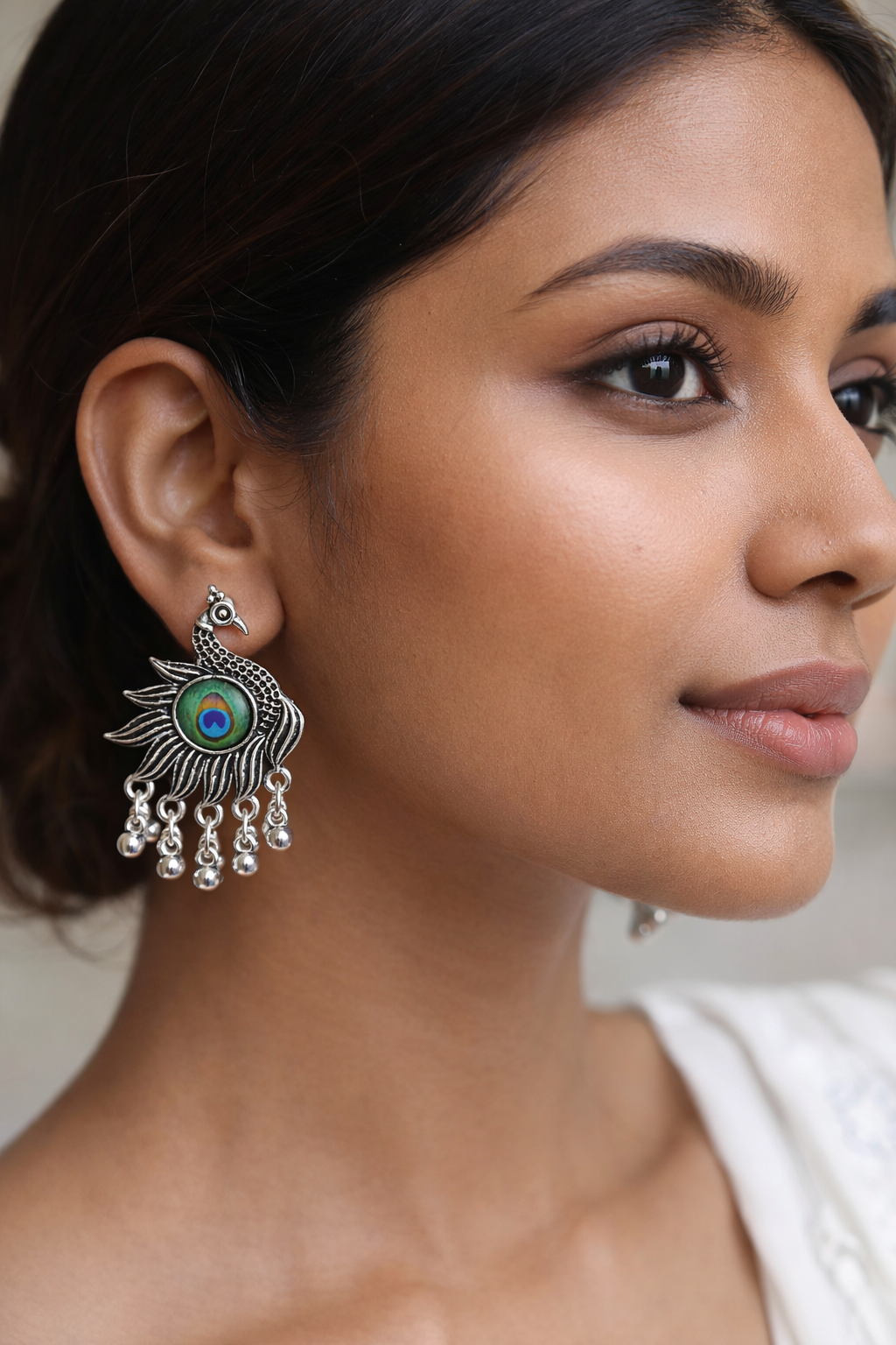 Vintage Oxidized Silver Full Peacock Drop Earrings – Handcrafted Ethnic Enamel Jewelry with Silver Beads - VAYNORA JEWELS