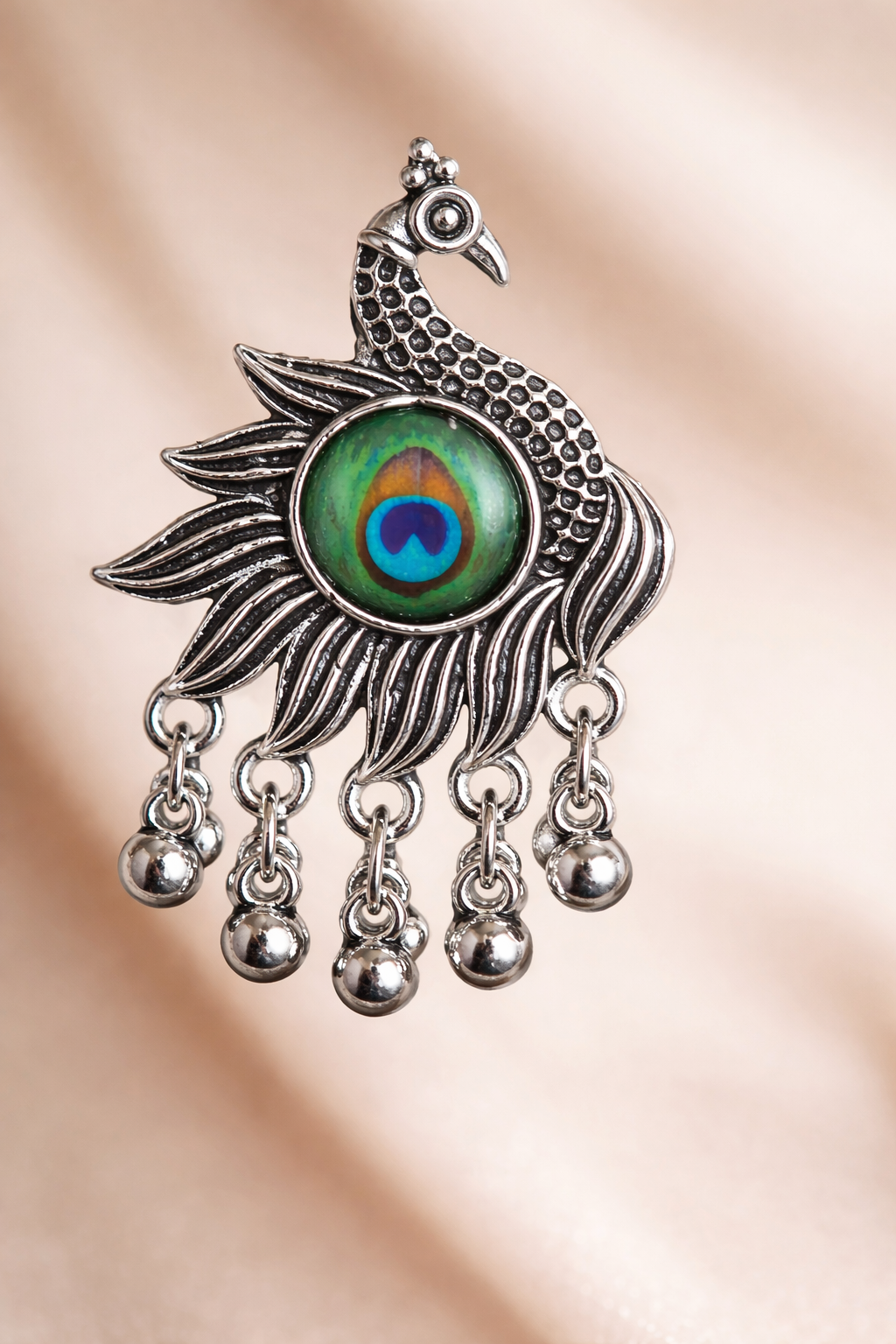 Vintage Oxidized Silver Full Peacock Drop Earrings – Handcrafted Ethnic Enamel Jewelry with Silver Beads - VAYNORA JEWELS