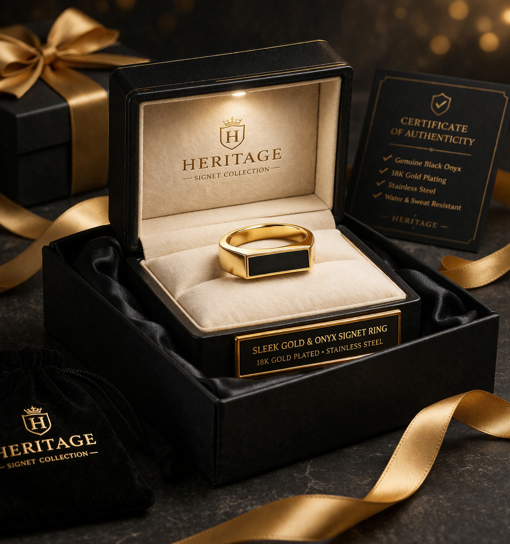Black onyx rectangle stainless steel signet ring for men with 18K gold plating, waterproof, by Vaynora Jewels.