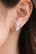 Pink Tulip Enamel & Faux Pearl Stud Earrings - VAYNORA JEWELS