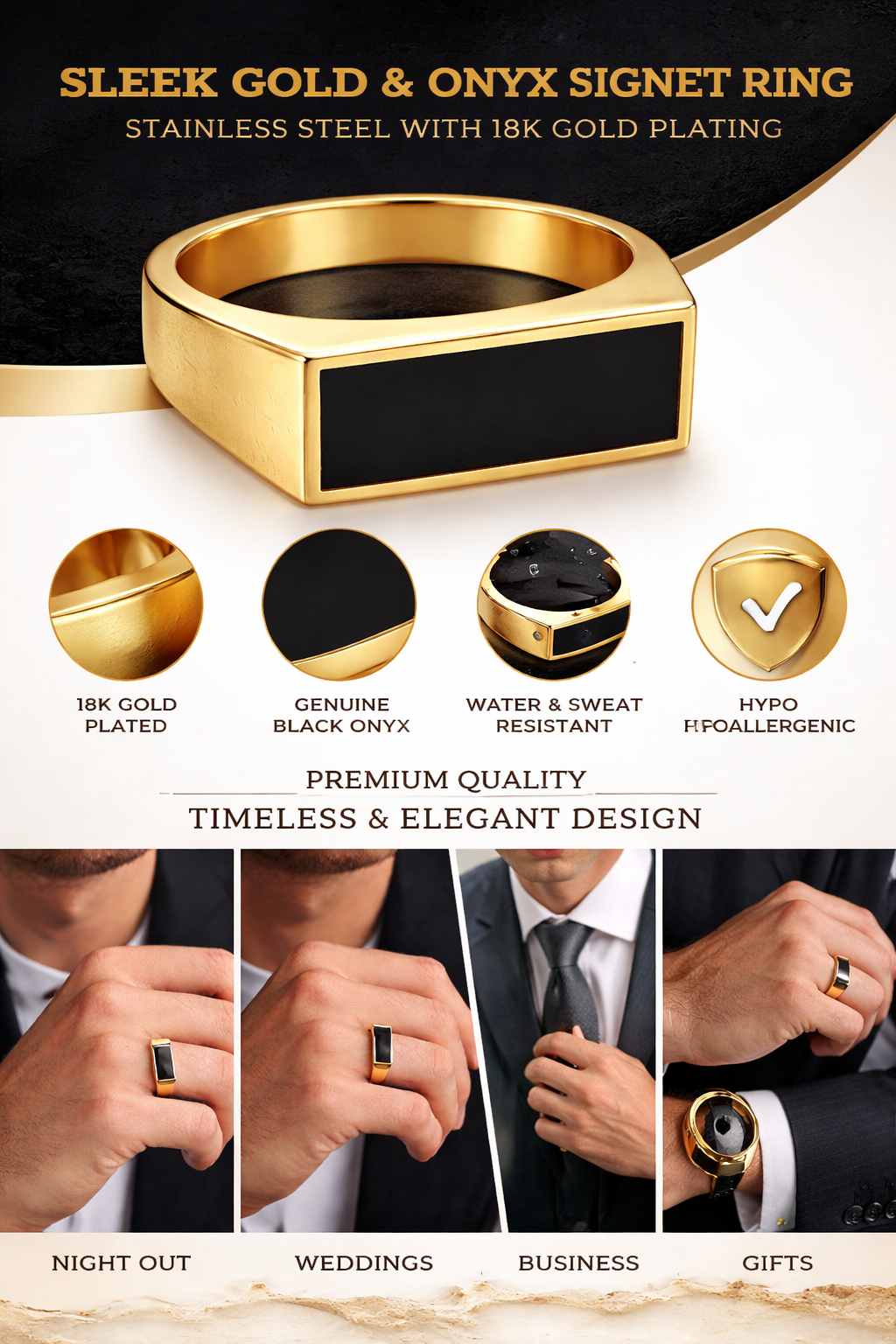 Stainless steel gold plated signet ring for men with black onyx rectangle centerpiece, 18K gold finish, waterproof design by Vaynora Jewels.