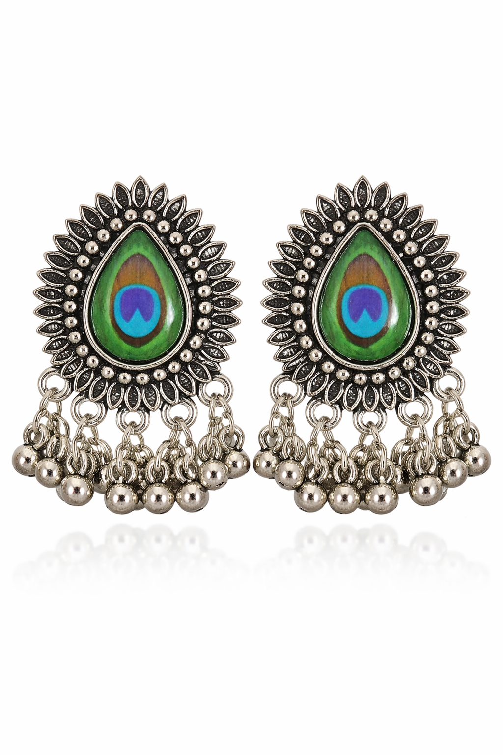 Oxidized Silver Peacock Feather Jhumka Earrings – Traditional Ethnic Boho Drop Earrings for Women - VAYNORA JEWELS