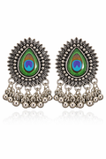 Oxidized Silver Peacock Feather Jhumka Earrings – Traditional Ethnic Boho Drop Earrings for Women - VAYNORA JEWELS