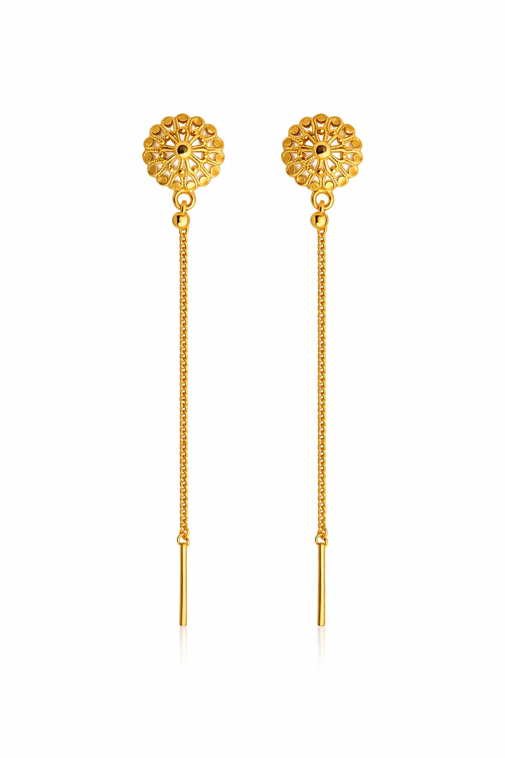 Gold plated Sui Suta threader earrings for women featuring long chain drop design, perfect for Indian party or daily wear.