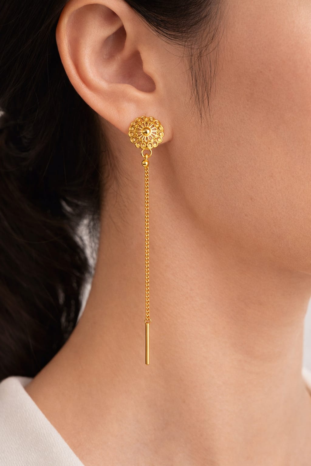 Gold plated Sui Suta threader earrings for women by VAYNORA JEWELS, featuring long chain minimalist drop design for Indian party or daily wear