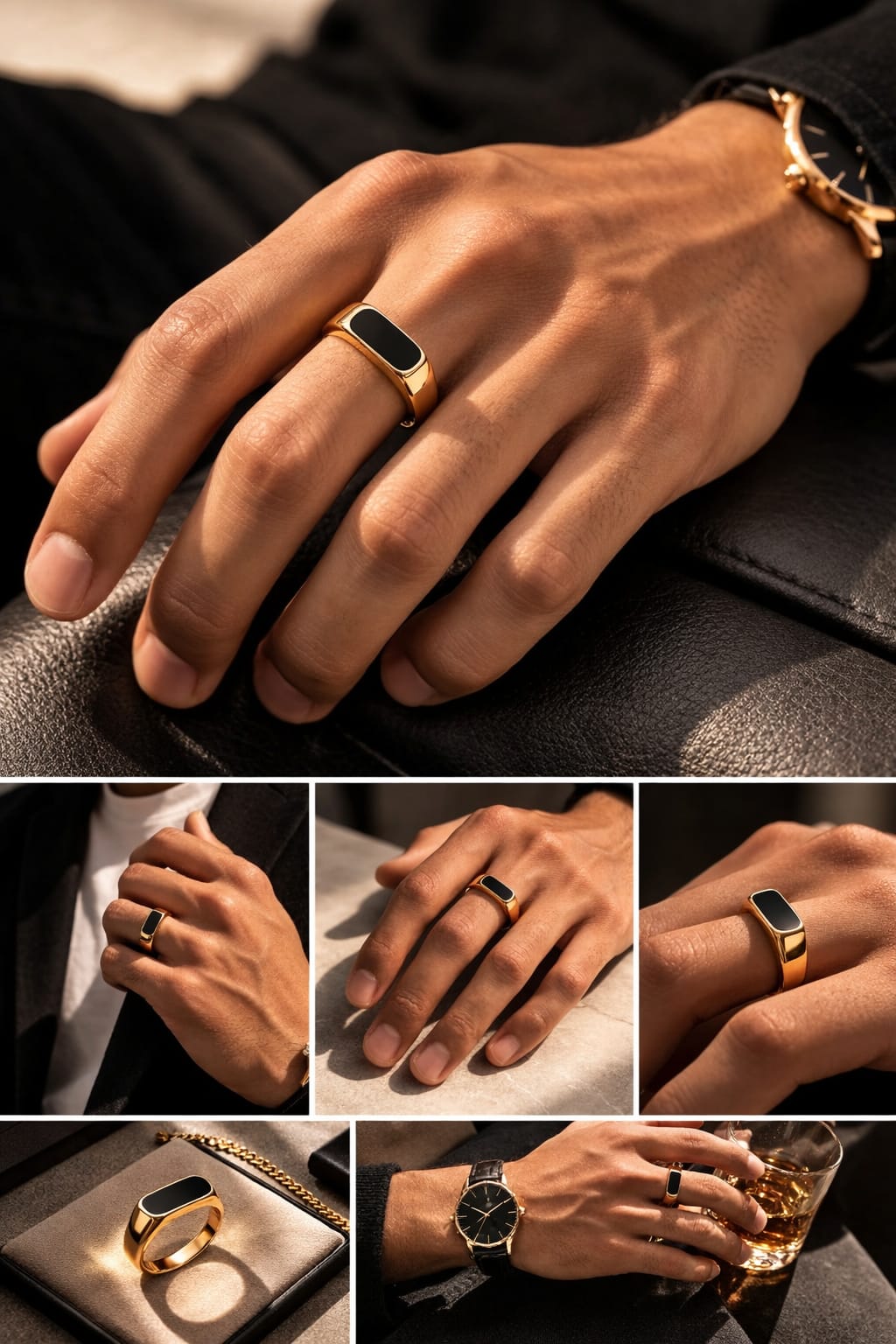 Gold Plated Black Onyx Ring for Men | Stainless Steel Anti-Tarnish Signet Ring - VAYNORA JEWELS
