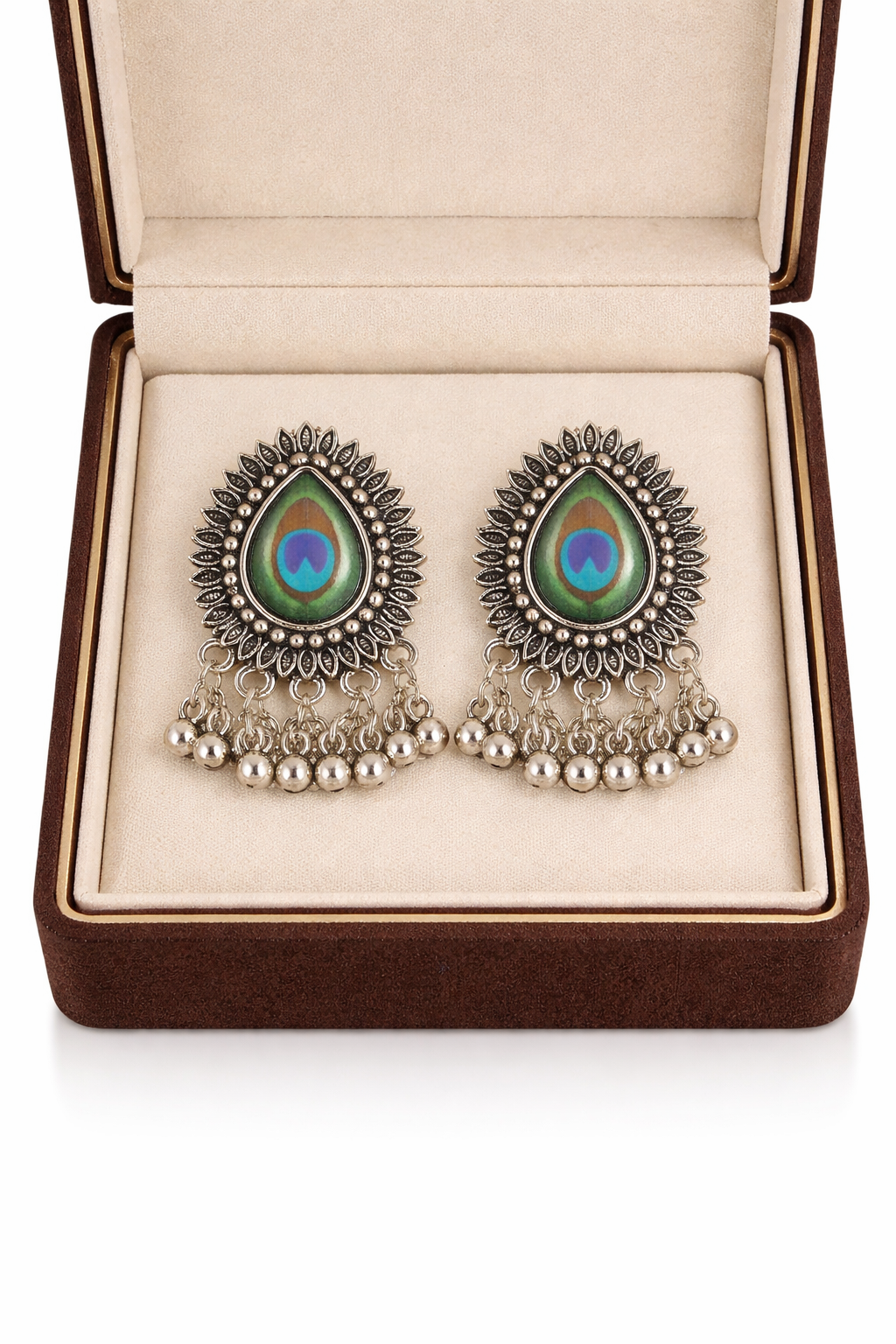 Oxidized Silver Peacock Feather Jhumka Earrings – Traditional Ethnic Boho Drop Earrings for Women - VAYNORA JEWELS