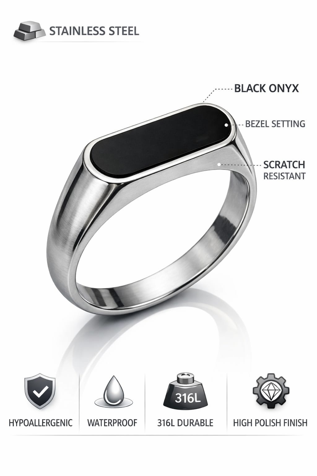 Men’s Stainless Steel Black Onyx Signet Ring –  Waterproof & Scratch Resistant Minimal Band - VAYNORA JEWELS