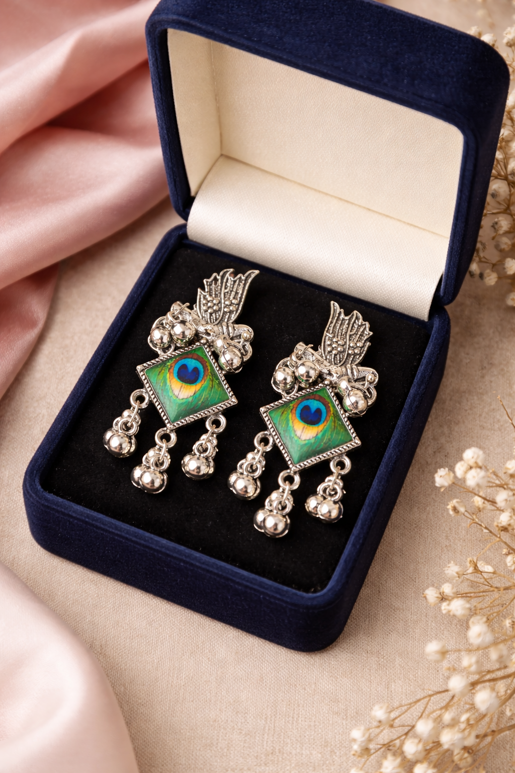 Oxidized Silver Full Peacock Statement Earrings – Traditional Indian Bird Motif Dangle Earrings with Green Enamel Eye - VAYNORA JEWELS