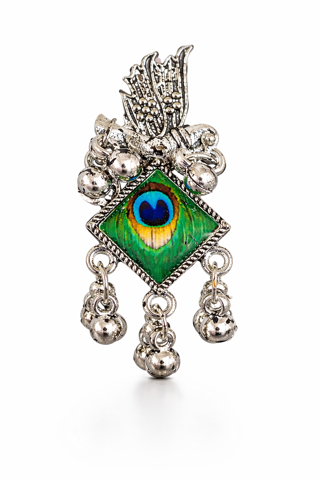 Oxidized Silver Full Peacock Statement Earrings – Traditional Indian Bird Motif Dangle Earrings with Green Enamel Eye - VAYNORA JEWELS