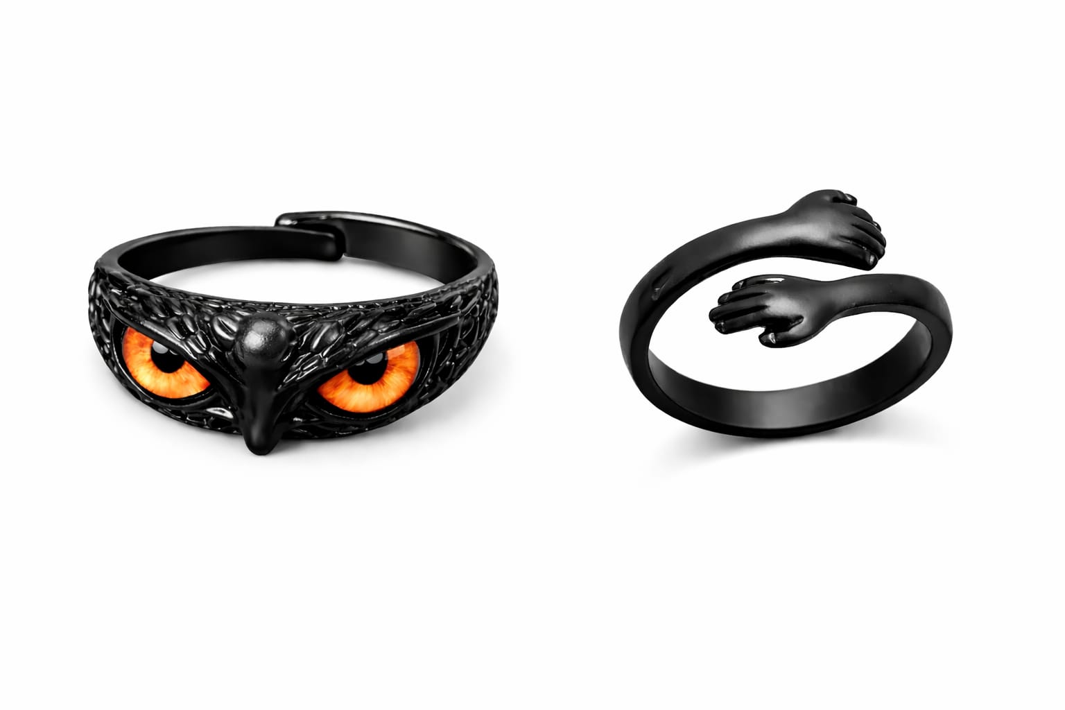 Black Owl Eye Ring Combo | Gothic Adjustable Finger Ring for Men & Women | Dark Style Statement Ring Set - VAYNORA JEWELS