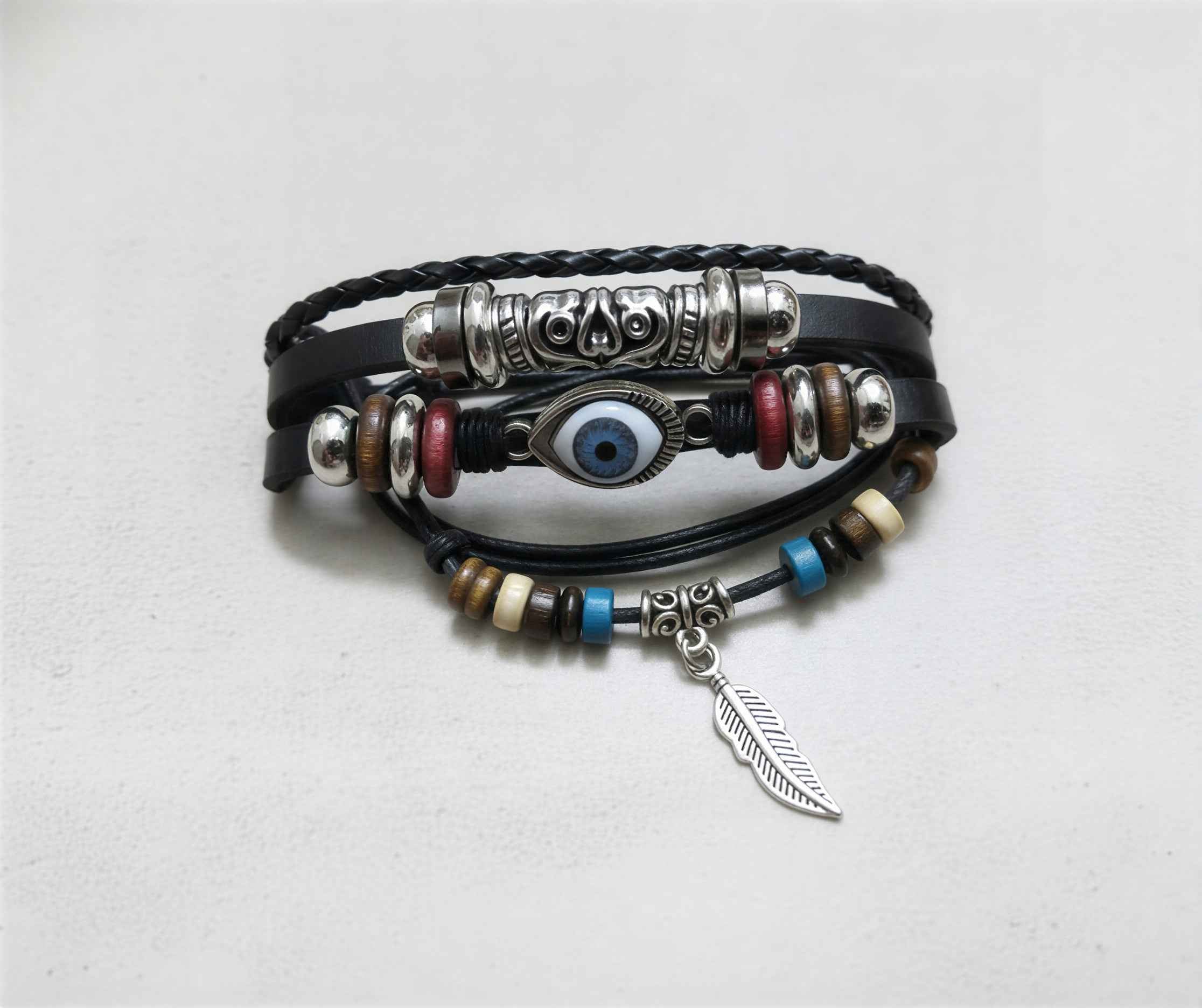 Evil Eye Wrist Band for Men & Kids – Handcrafted Black Leather & Bead Bracelet