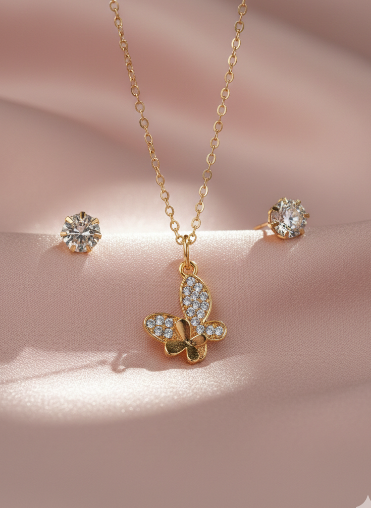 Gold Plated Butterfly Pendant Necklace Set with Stud Earrings for Women | Elegant Crystal Butterfly Jewellery Set | Daily Wear & Party Wear Necklace - VAYNORA JEWELS