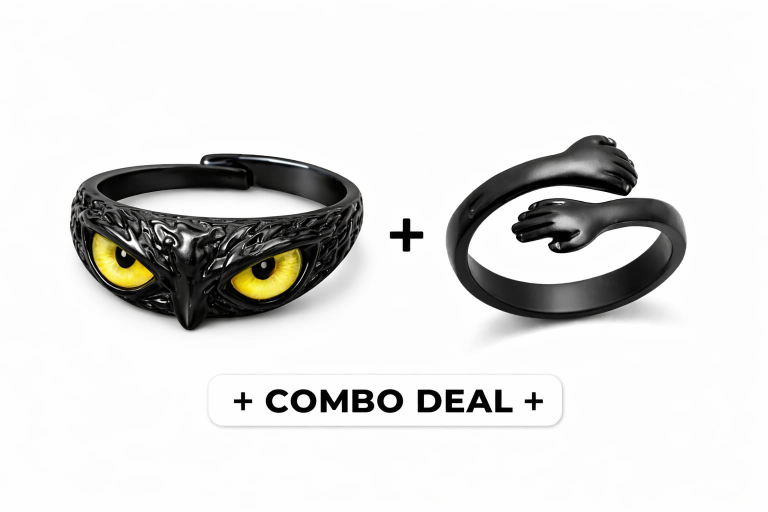 Black Owl Eye Ring Combo | Gothic Adjustable Finger Ring for Men & Women | Dark Style Statement Ring Set - VAYNORA JEWELS