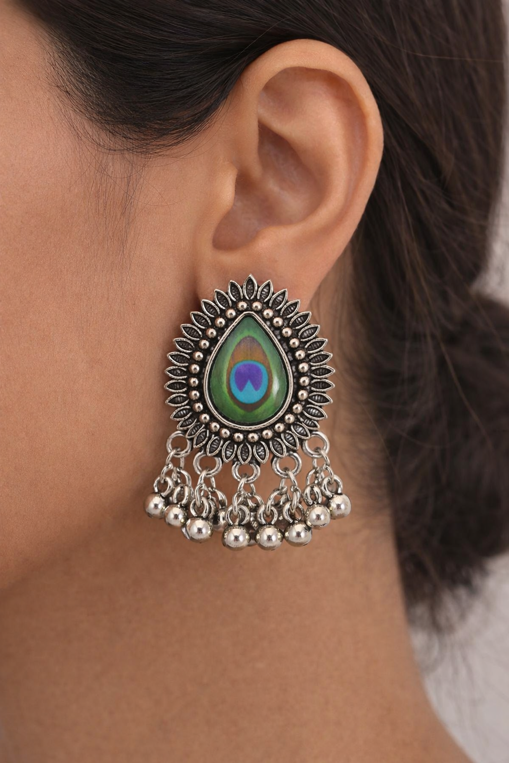 Oxidized Silver Peacock Feather Jhumka Earrings – Traditional Ethnic Boho Drop Earrings for Women - VAYNORA JEWELS
