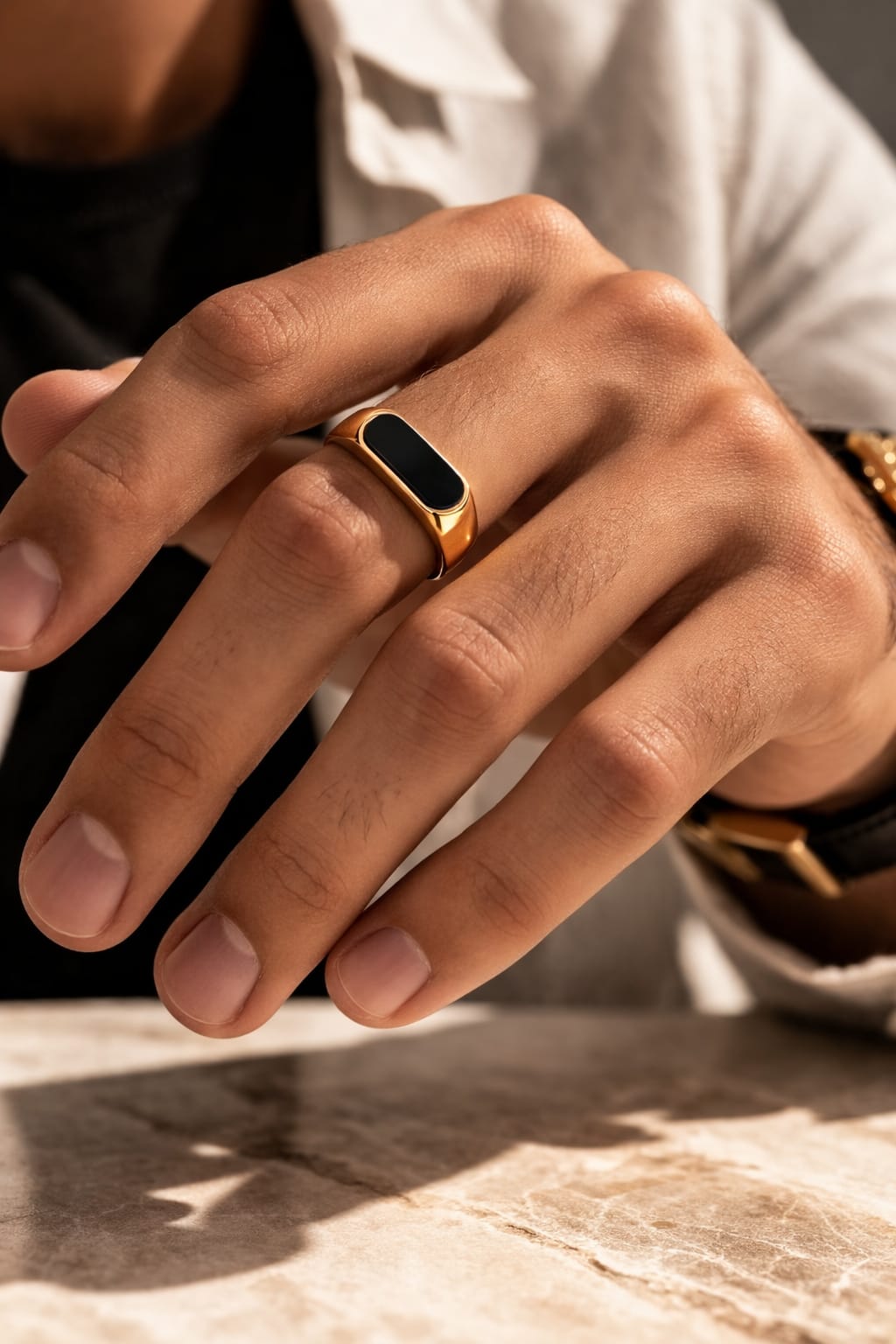 Gold Plated Black Onyx Ring for Men | Stainless Steel Anti-Tarnish Signet Ring - VAYNORA JEWELS