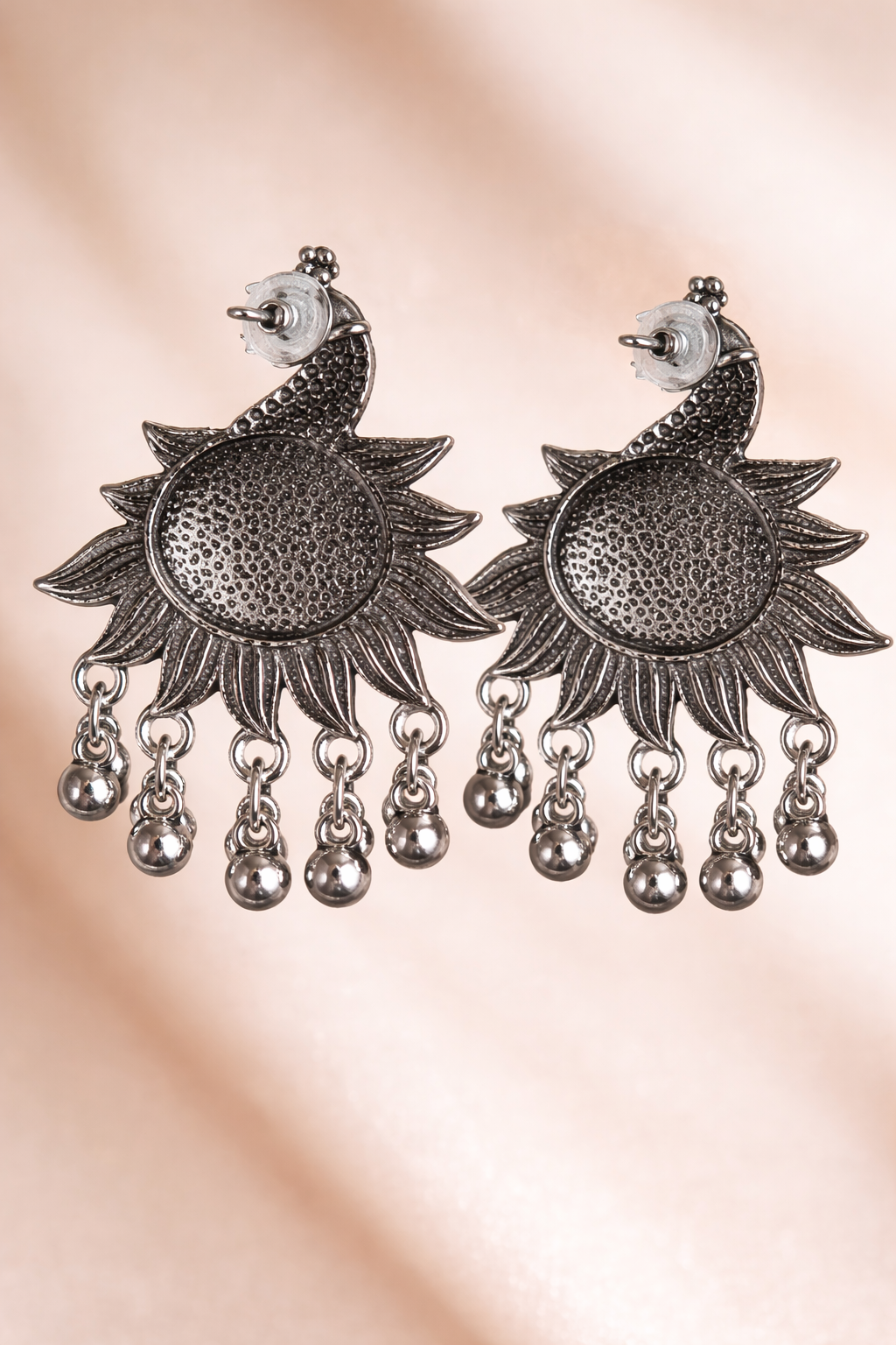 Vintage Oxidized Silver Full Peacock Drop Earrings – Handcrafted Ethnic Enamel Jewelry with Silver Beads - VAYNORA JEWELS