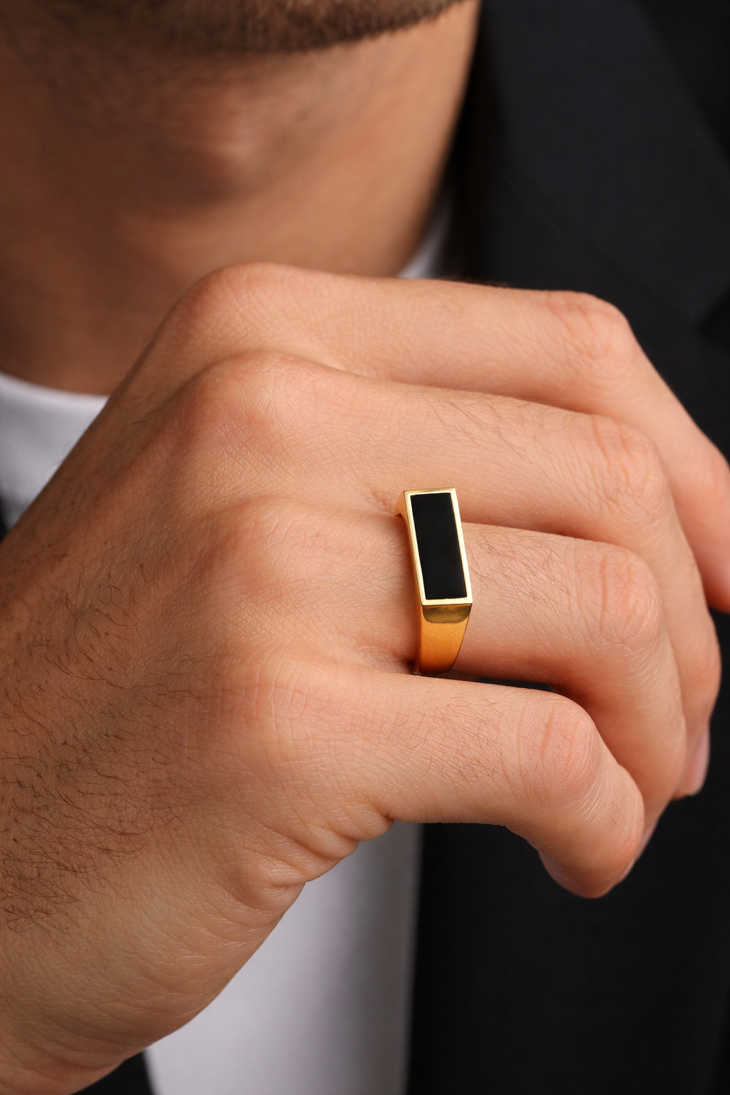 Vaynora Jewels men's stainless steel gold plated signet ring with black onyx rectangle design, 18K gold finish, waterproof.
