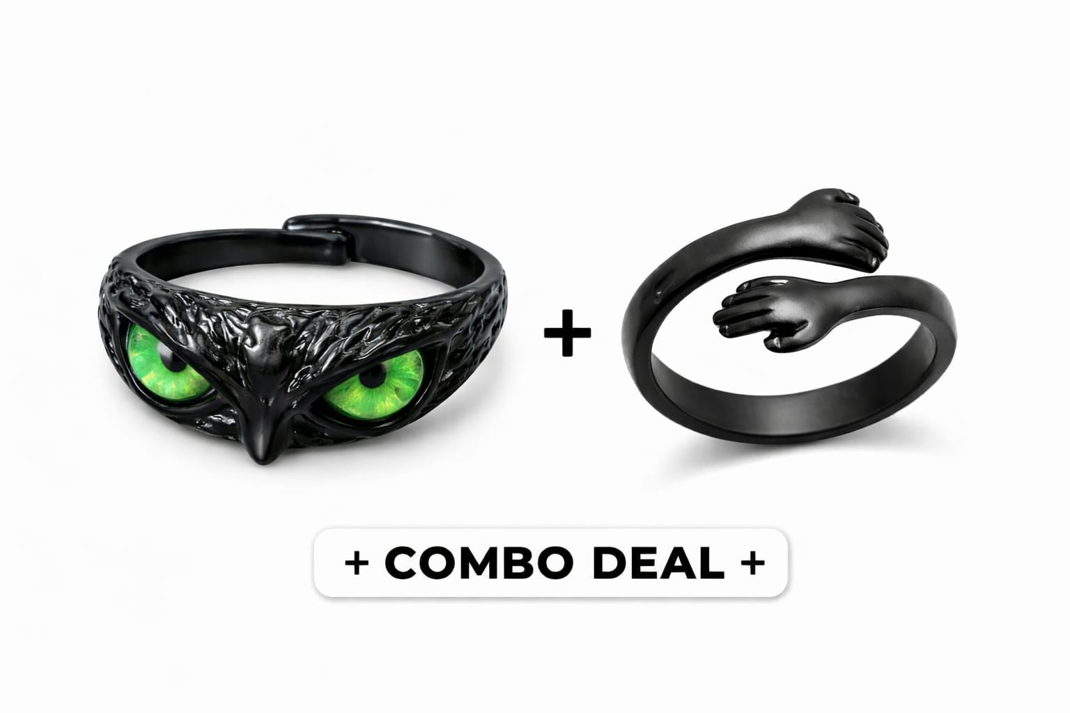 Black Owl Eye Ring Combo | Gothic Adjustable Finger Ring for Men & Women | Dark Style Statement Ring Set - VAYNORA JEWELS