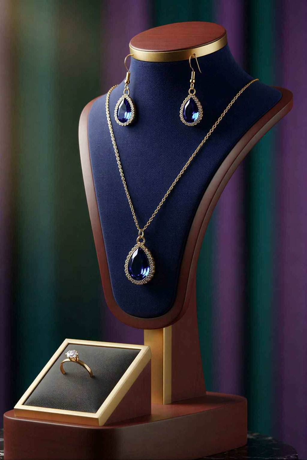 Royal Blue Teardrop Sapphire Crystal Jewelry Set – Gold Necklace & Earrings with Halo Rhinestones