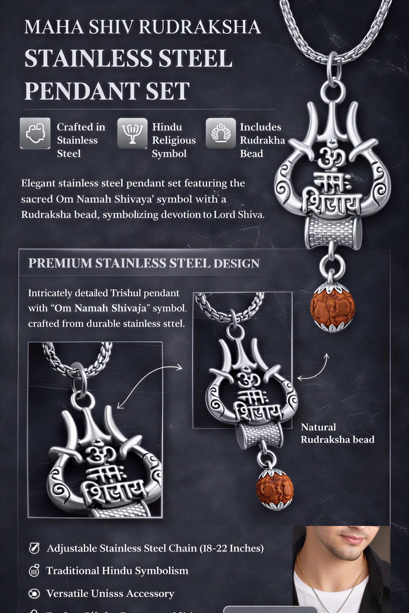 om namah shivaya trishul rudraksha pendant stainless steel info graphic