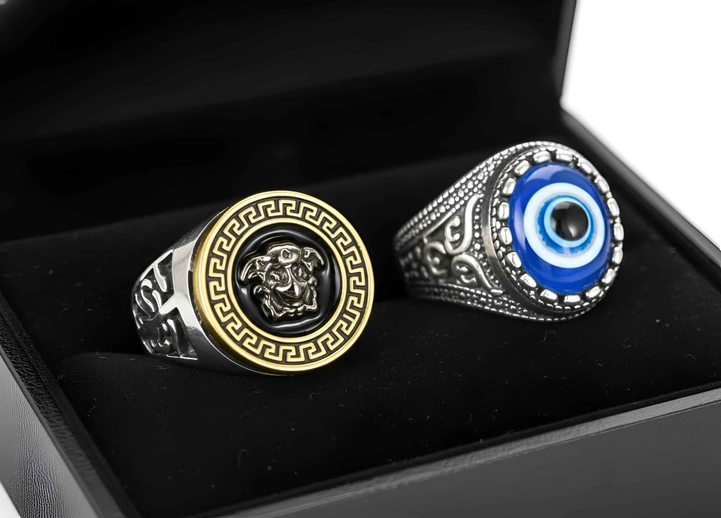 Men Finger Ring Combo Pack of 2 | Medusa Ring & Evil Eye Ring | Stylish Adjustable Rings for Men