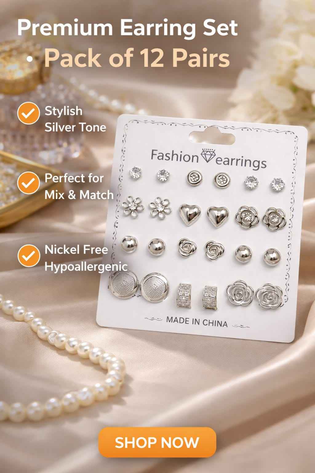 12 Pair Combo Stud Earrings for Women & Girls | Silver Plated Crystal & Heart Design | Daily Wear Fashion Earrings Set | Lightweight Jewellery Pack