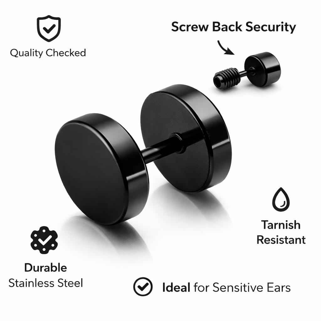 Unisex Black Round Stud Earrings – Stainless Steel Matte Finish | Trendy Minimal Ear Stud for Men & Women