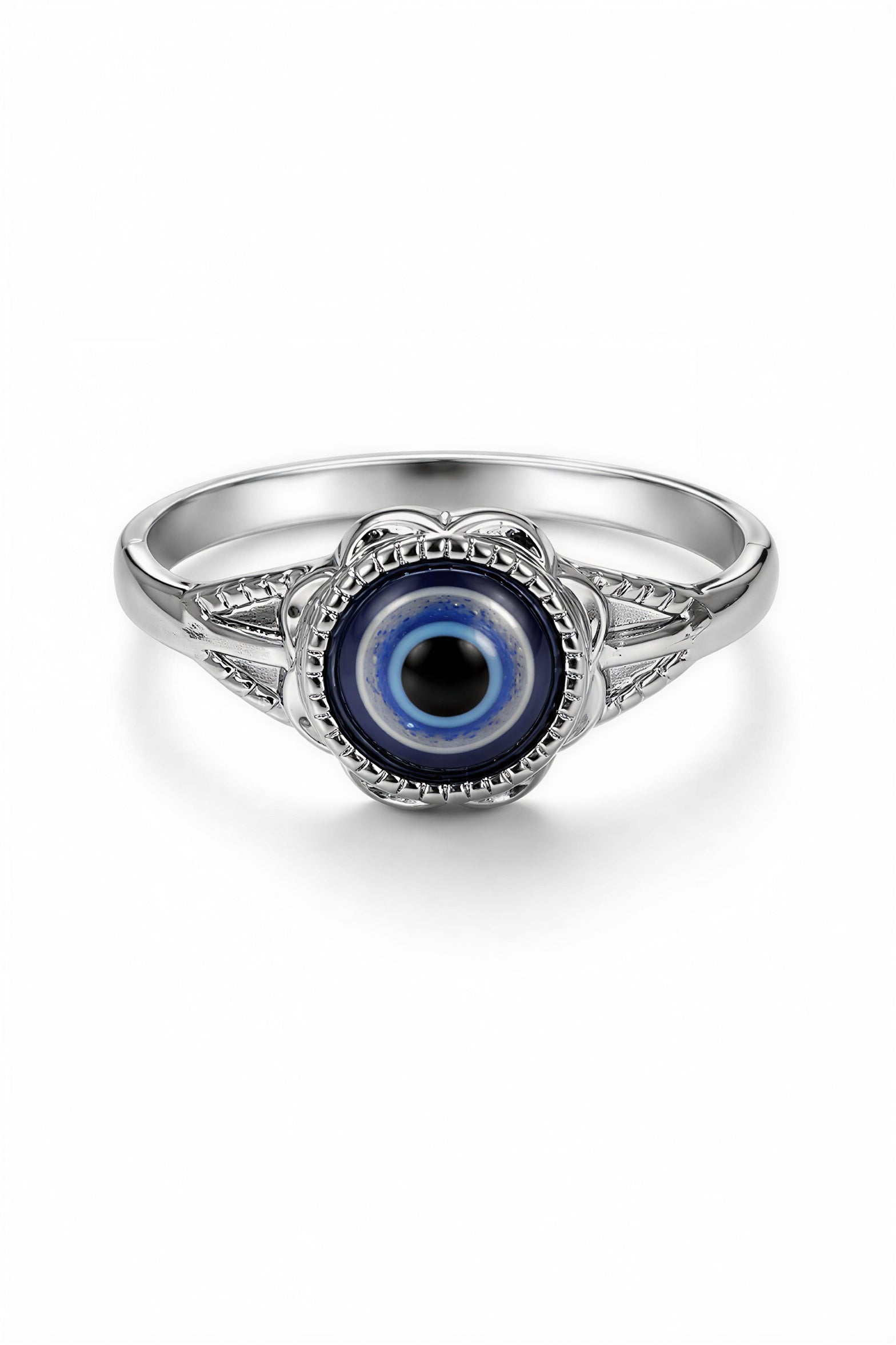 Premium stainless steel blue evil eye ring high polish detailed view