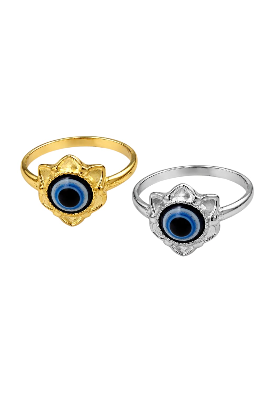 Stainless Steel Evil Eye Ring Combo for Women | Gold & Silver Plated Adjustable Nazar Rings | Trendy Floral Protection Ring Set (Pack of 2) - VAYNORA JEWELS
