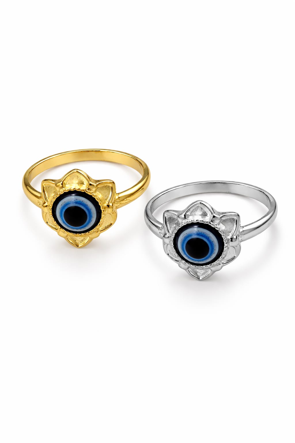 Stainless Steel Evil Eye Ring Combo for Women | Gold & Silver Plated Adjustable Nazar Rings | Trendy Floral Protection Ring Set (Pack of 2) - VAYNORA JEWELS