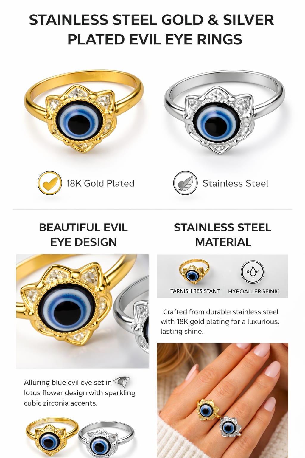 Stainless Steel Evil Eye Ring Combo for Women | Gold & Silver Plated Adjustable Nazar Rings | Trendy Floral Protection Ring Set (Pack of 2) - VAYNORA JEWELS