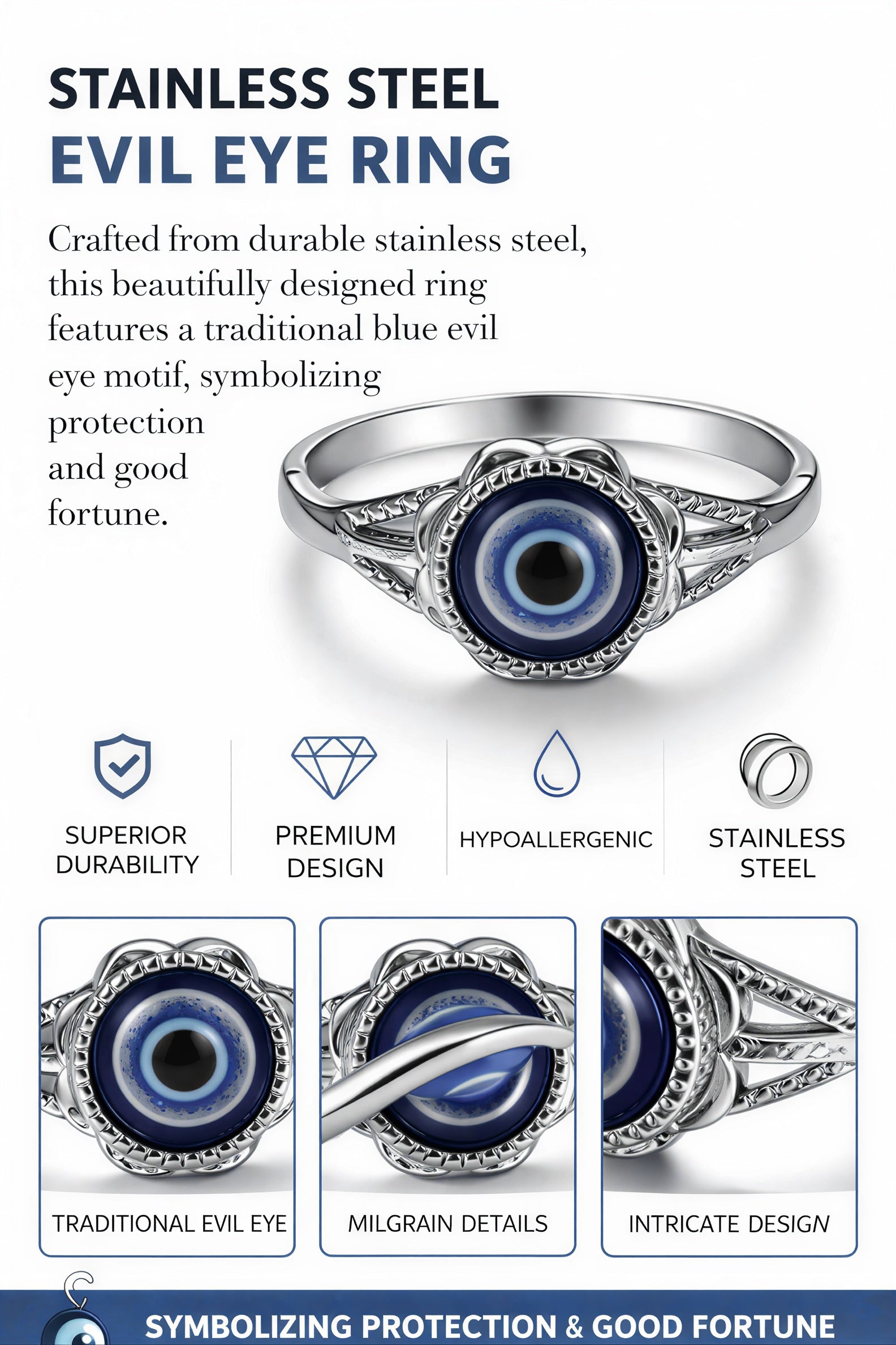 Stainless steel evil eye ring infographic showing durability hypoallergenic design