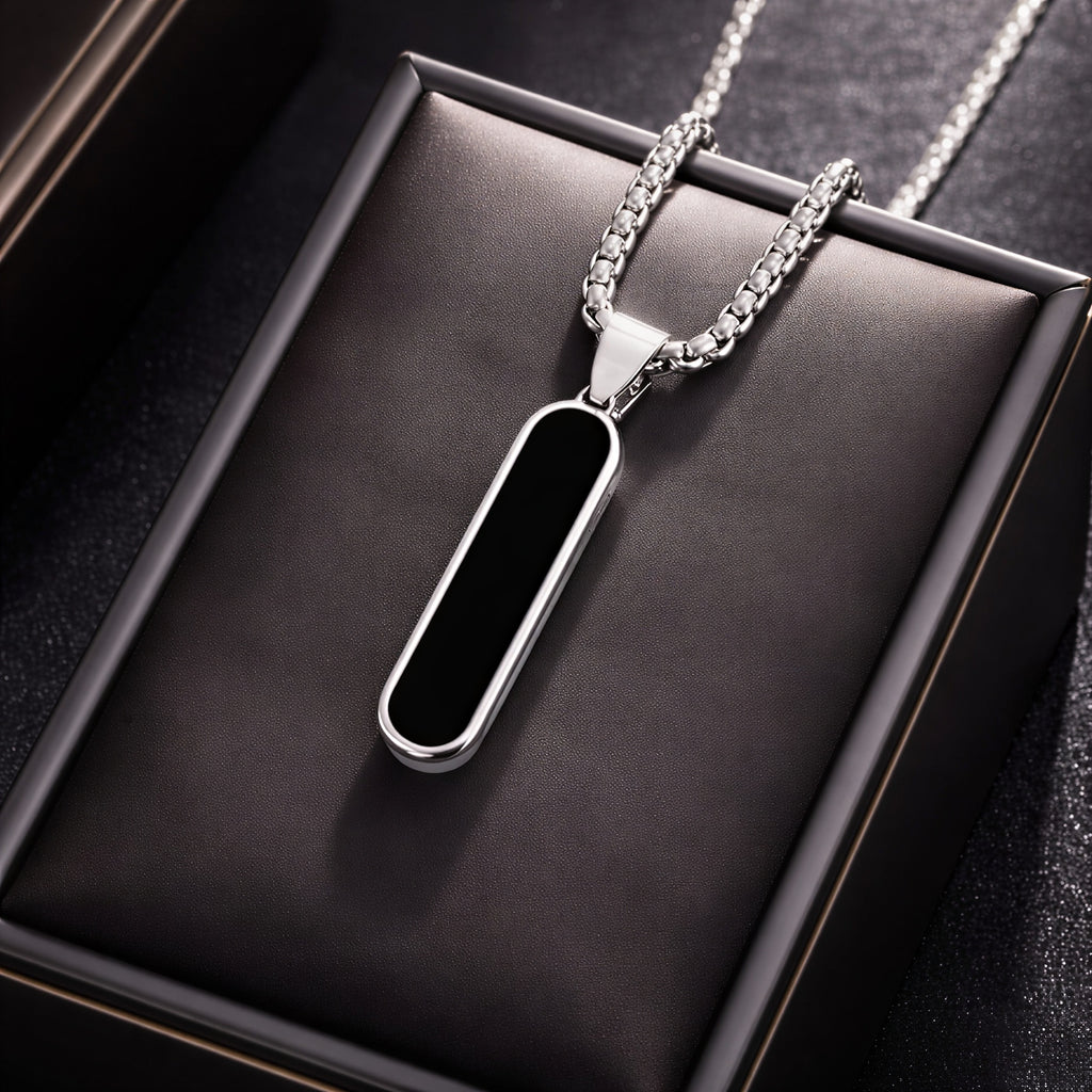 Premium stainless steel black bar pendant necklace with silver chain displayed in luxury box – modern pendant jewelry for men