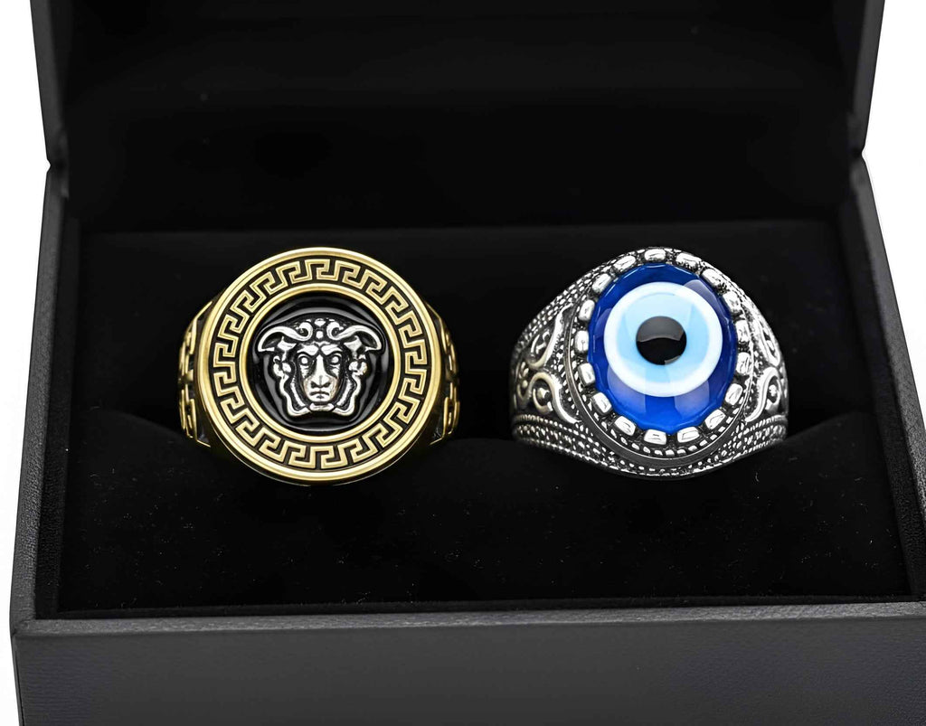 Men’s Stylish Finger Ring Combo Pack of 2 | Gold Medusa Head Ring & Silver Evil Eye Ring | Stainless Steel | Adjustable Size | Fashion Statement Rings for Men & Boys