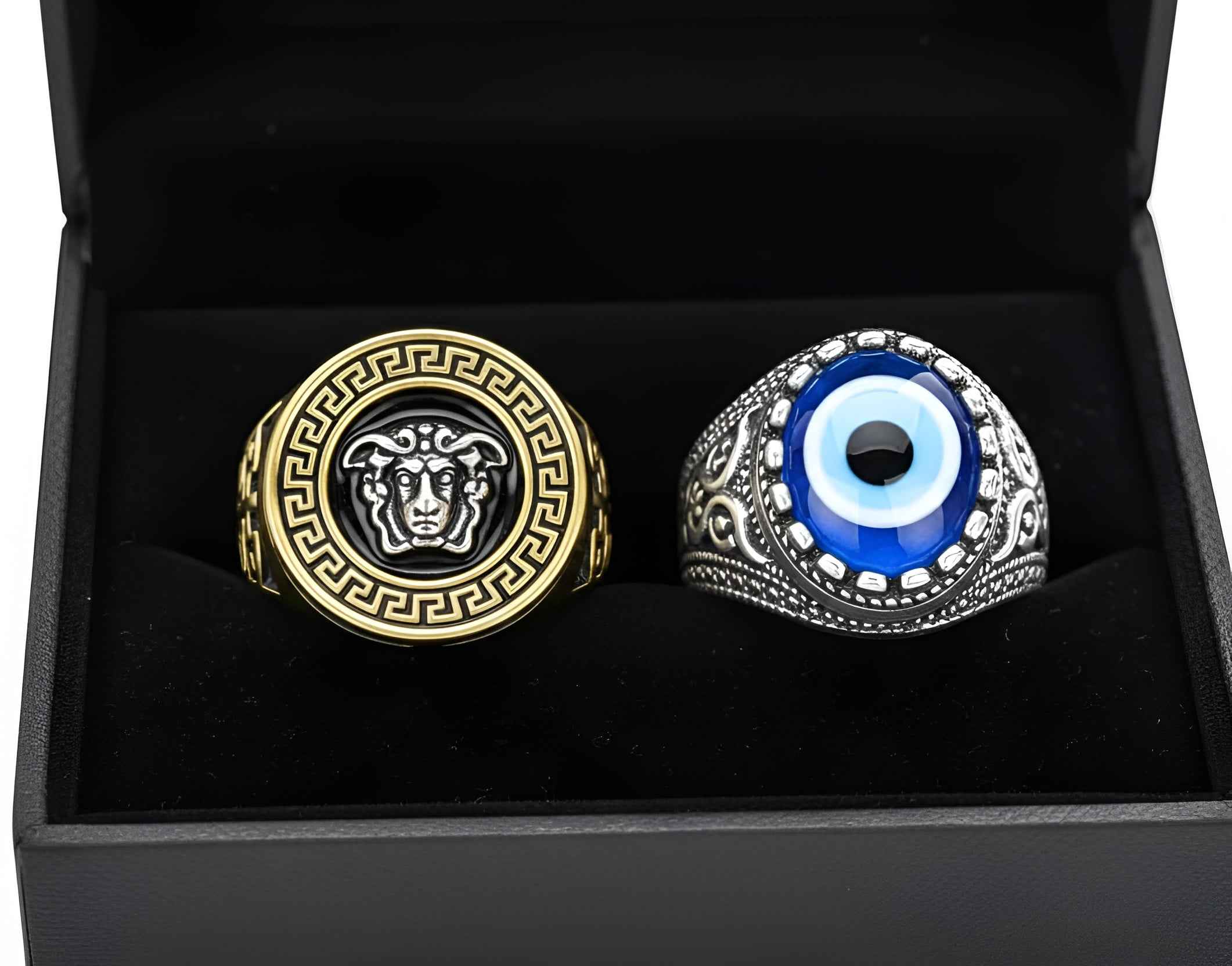 Men’s Stylish Finger Ring Combo Pack of 2 | Gold Medusa Head Ring & Silver Evil Eye Ring | Stainless Steel | Adjustable Size | Fashion Statement Rings for Men & Boys