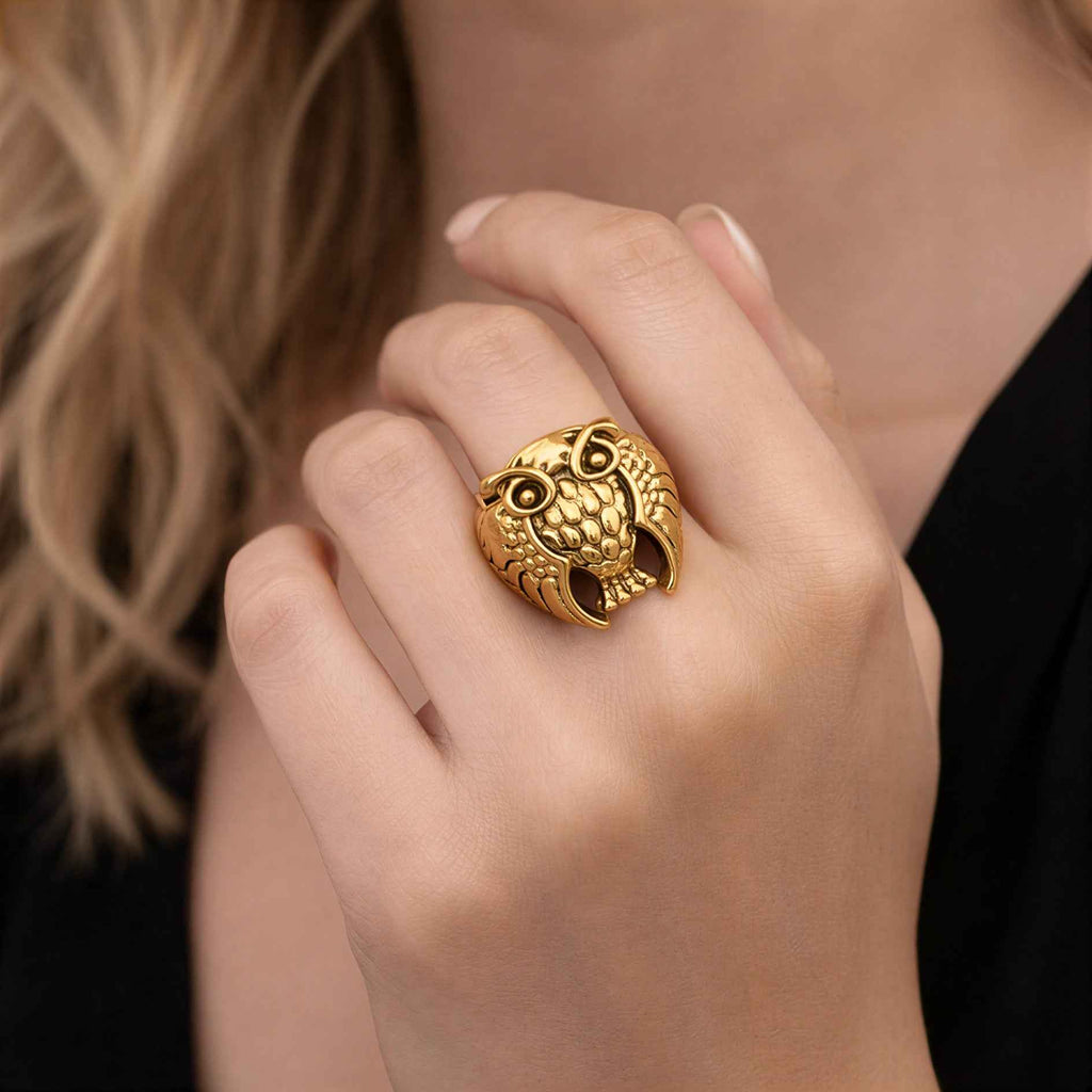 Oxidised Gold Plated Owl Design Statement Ring for Men & Women | Vintage Animal Design Fashion Ring for Boys, Girls, Men & Women | Party Wear Statement Finger Ring