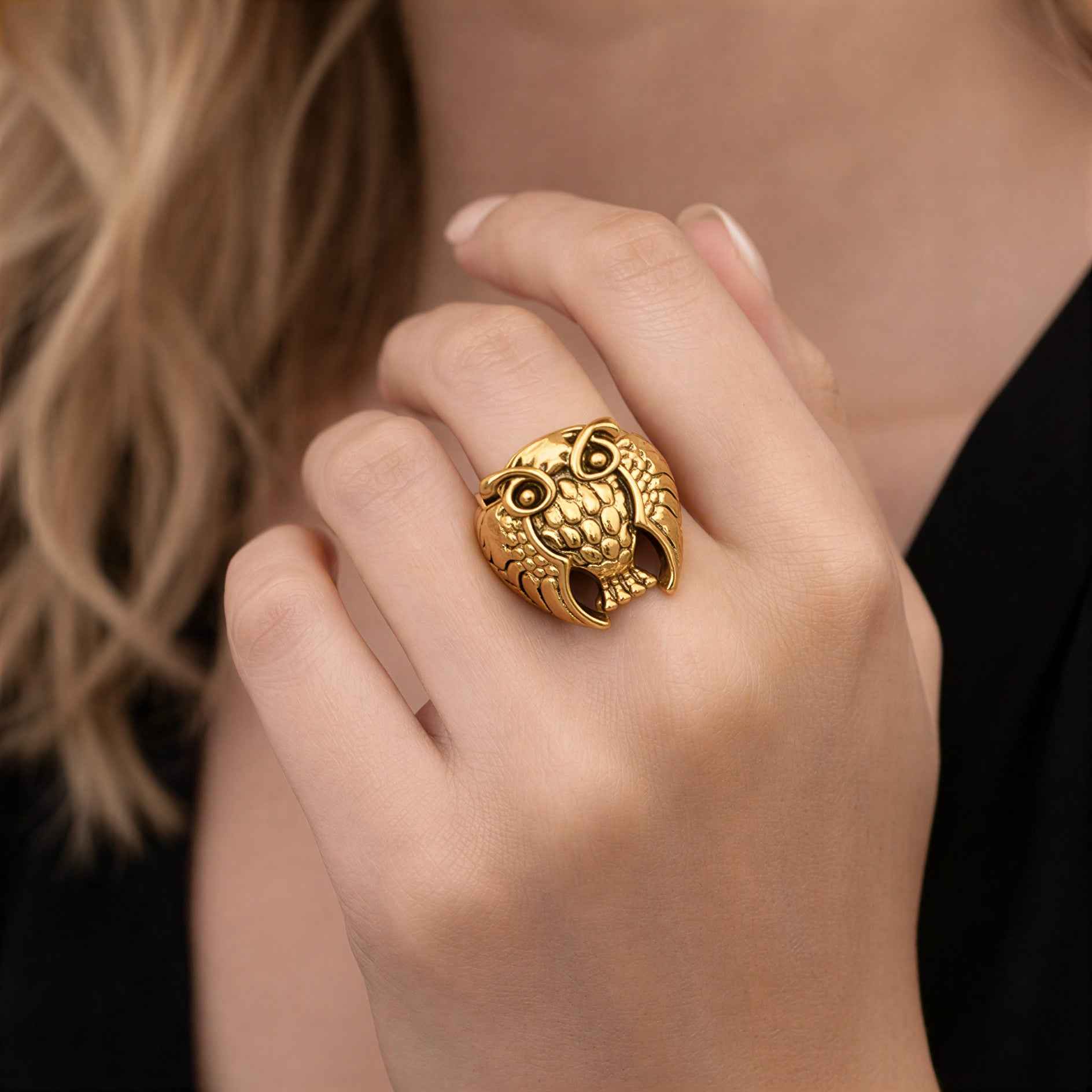 Oxidised Gold Plated Owl Design Statement Ring for Men & Women | Vintage Animal Design Fashion Ring for Boys, Girls, Men & Women | Party Wear Statement Finger Ring