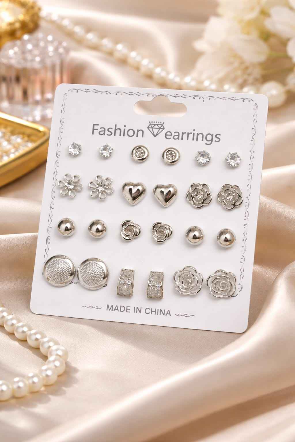 12 Pair Combo Stud Earrings for Women & Girls | Silver Plated Crystal & Heart Design | Daily Wear Fashion Earrings Set | Lightweight Jewellery Pack