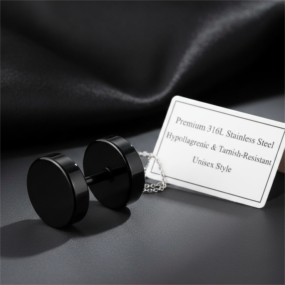 Unisex Black Round Stud Earrings – Stainless Steel Matte Finish | Trendy Minimal Ear Stud for Men & Women