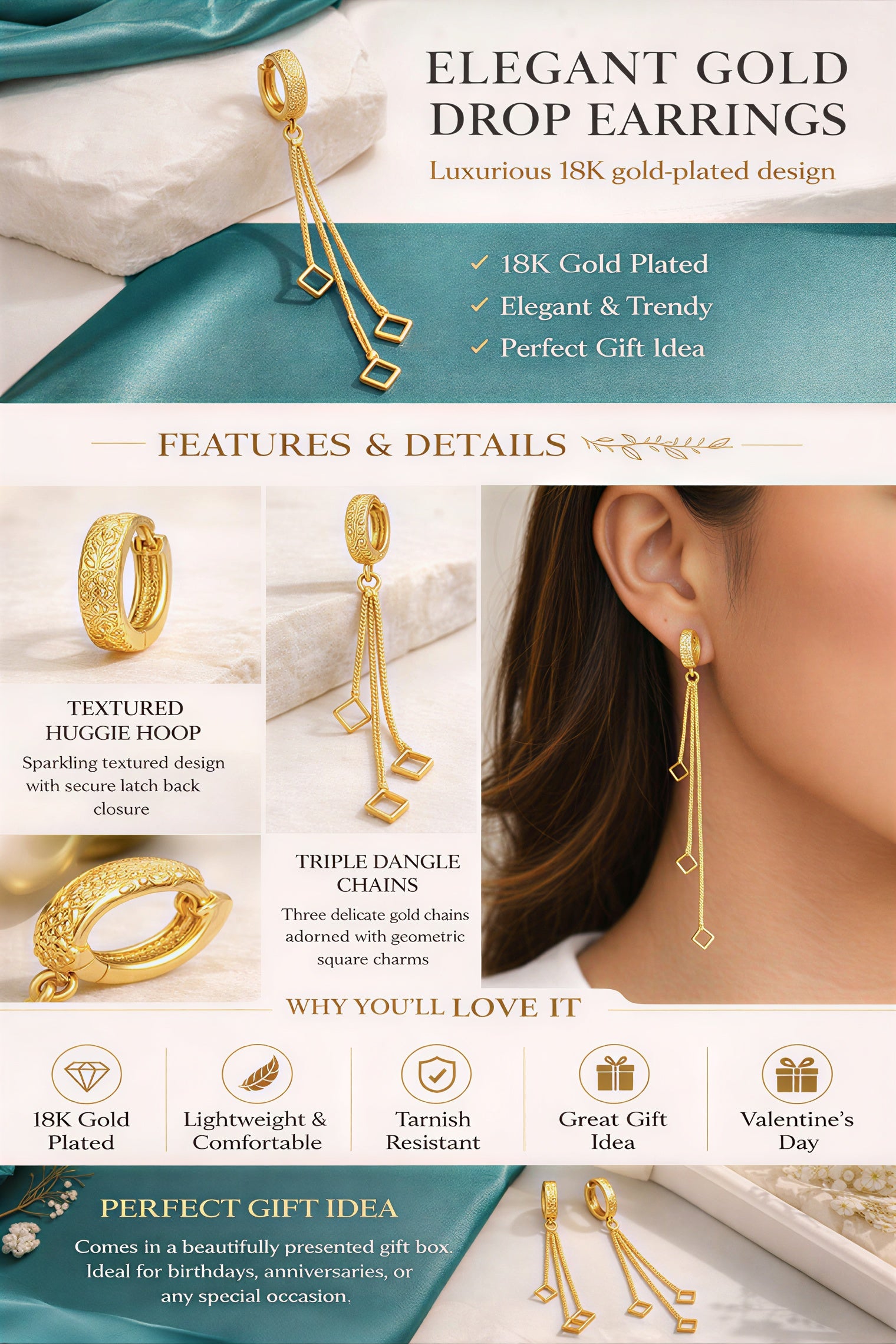 VAYNORA JEWELS ad showcases Gold Plated Long Chain Tassel Earrings for Women with details, benefits & gift ideas.